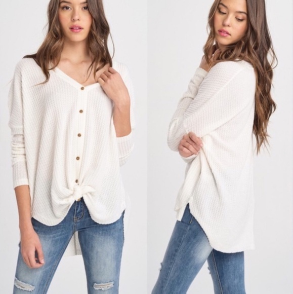 LAST 1! Cream waffle knit button up tie front top - Picture 4 of 6